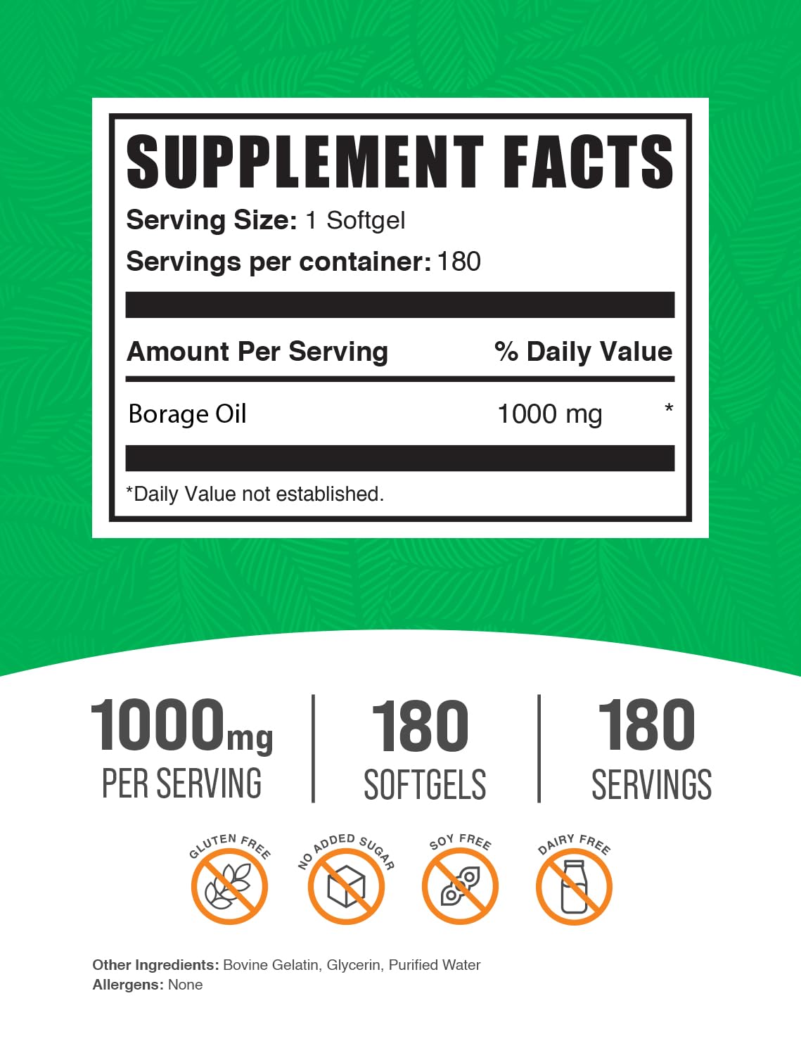 BulkSupplements.com Borage Oil Softgels - Gamma Linolenic Acid Supplement, Borage Oil Supplements, Borage Oil 1000mg - Gluten Free, 1 Softgel per Serving, 180 Count (Pack of 1) — Amazon image 2