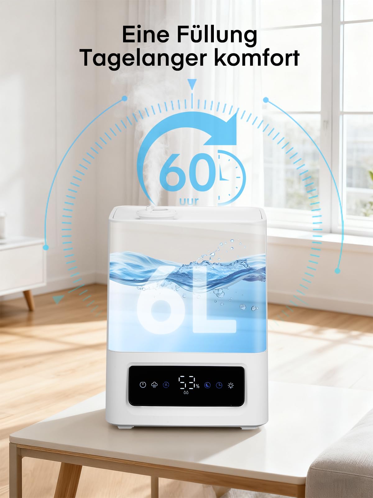 FOHERE 6L Luftbefeuchter, 60H Kaltnebel, 28dB leise, 16H Timer, Aromadiffusor, Weiß