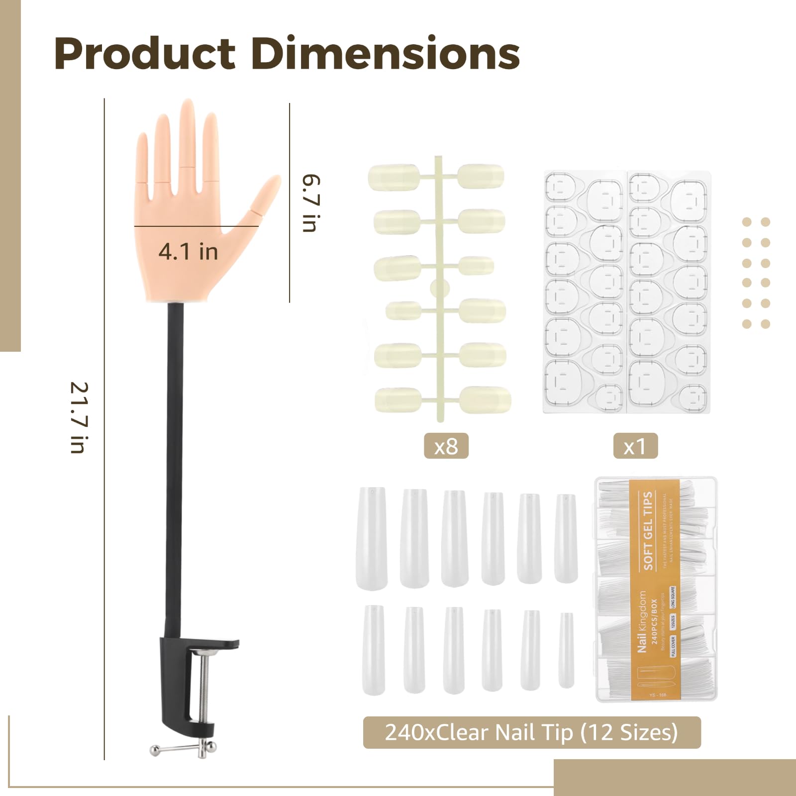 Main d'entraînement pour ongles en acrylique, modèle d'entraînement en silicone, outil d'entraînement des ongles avec support réglable et doigts amovibles pour débutants, comprend 240 embouts