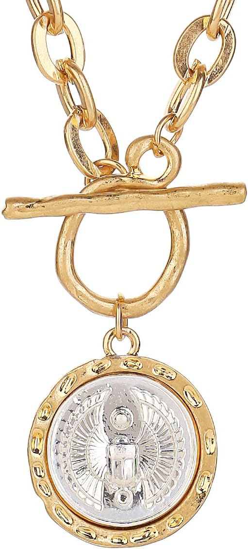 Antique Gold Plated Egypt Coin Necklace Egyptian scarab beetle pyramids for Women 18 Inch Chain Pendant Necklace Birthday Anniversary Jewelry Gift for Women