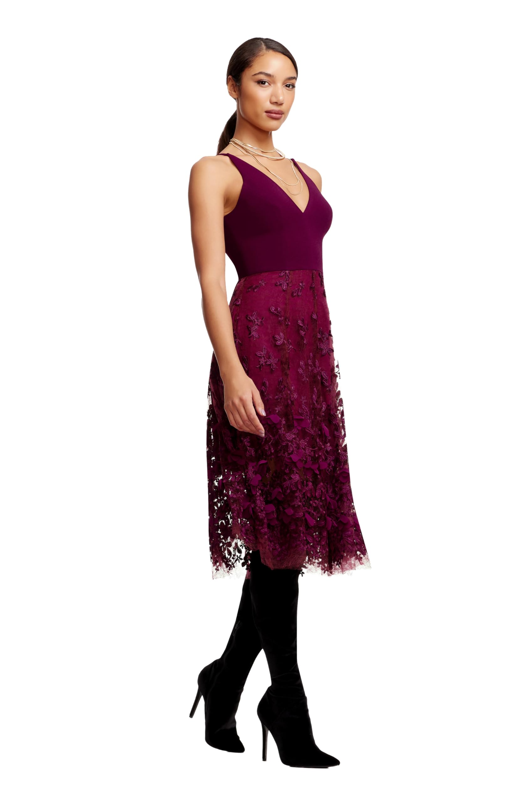 Dress the Population Women's Darleen Sleeveless Plunging Neckline Fit and Flare Midi Dress: XX-Large Dark Magenta
