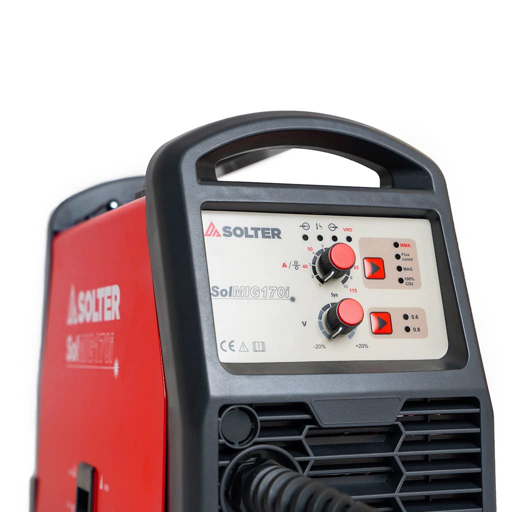 Solter Máquina de Soldadura Inverter SOLMIG-170, Multiproceso MIG/MAG y Electrodo, 230V, Soldadura con y sin Gas, Ajuste de Velocidad, Admite Bobina D200, Incluye Antorcha MIG y Pinza de Masa