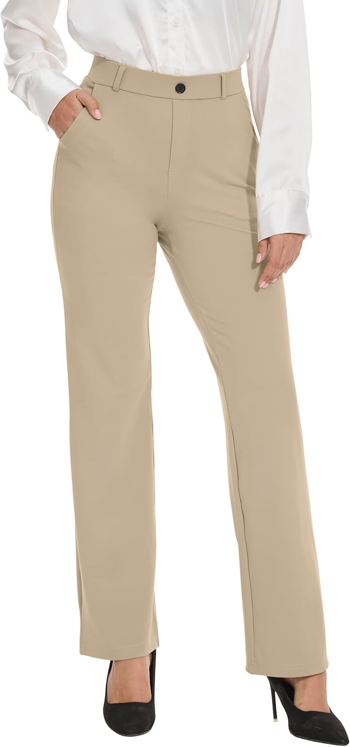 VIMPEP Women’s Stretchy Yoga Dress Pants High Rise Straight Leg with Pockets Casual Petite/Regular 1202