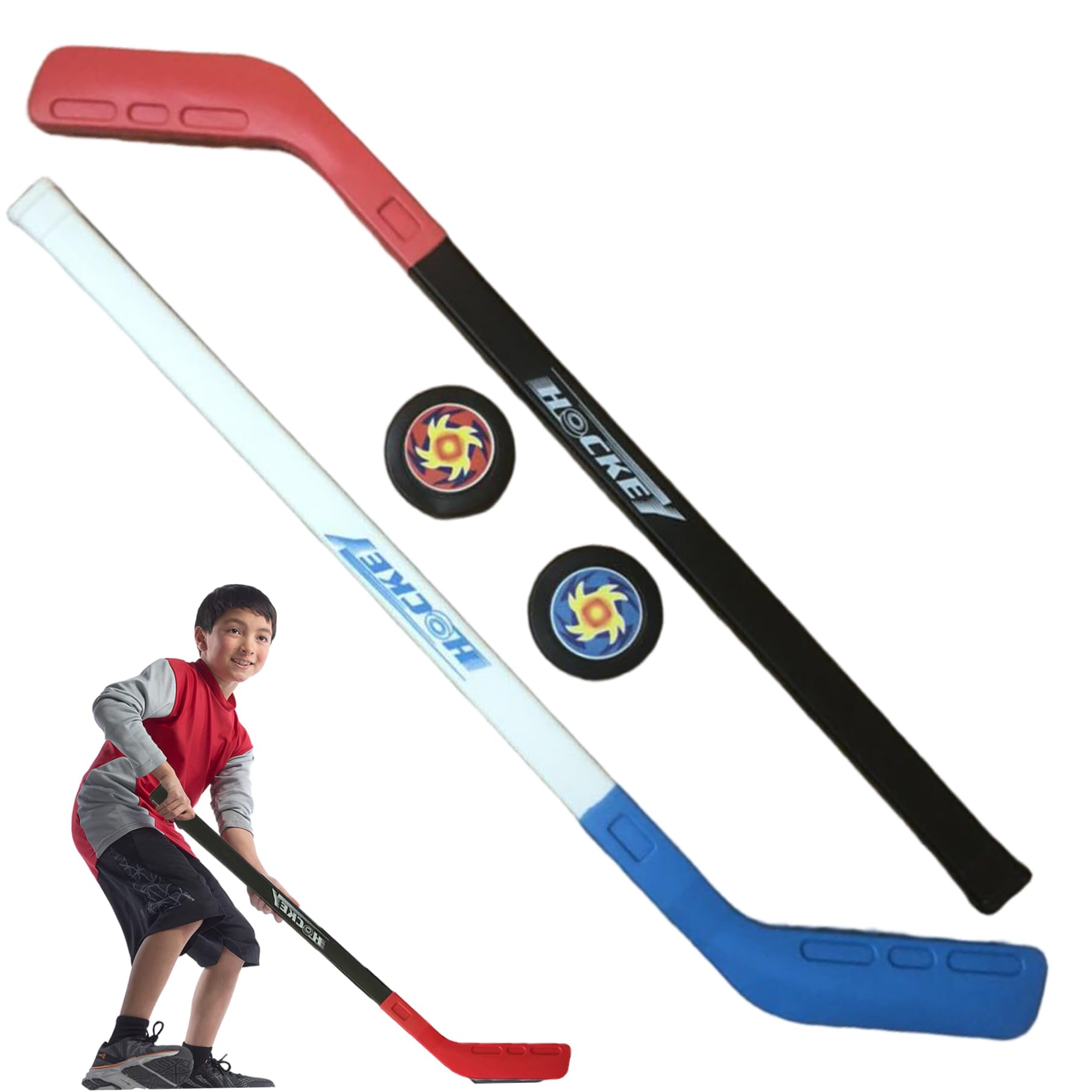 Set da Hockey per Bambini Allenamento su Pavimento per Strada Bastone da Hockey per Bambini con 2 Palline per Ragazzi e Ragazze Indoor Outdoor, Blu Rosso Set Bastoni da Strada per bambin