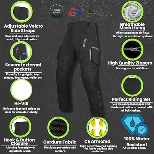 BYKR Motorcycle Pants for Men & Women Armored Cordura Overpants Enduro ATV Dual Sports Motocross Cargo Touring Adventure Pant (30WX30L, Black)
