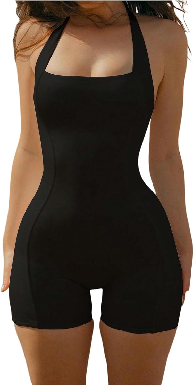 WDIRARA Women's Halter Sleeveless Romper Backless Unitard Bodycon Shorts Jumpsuit