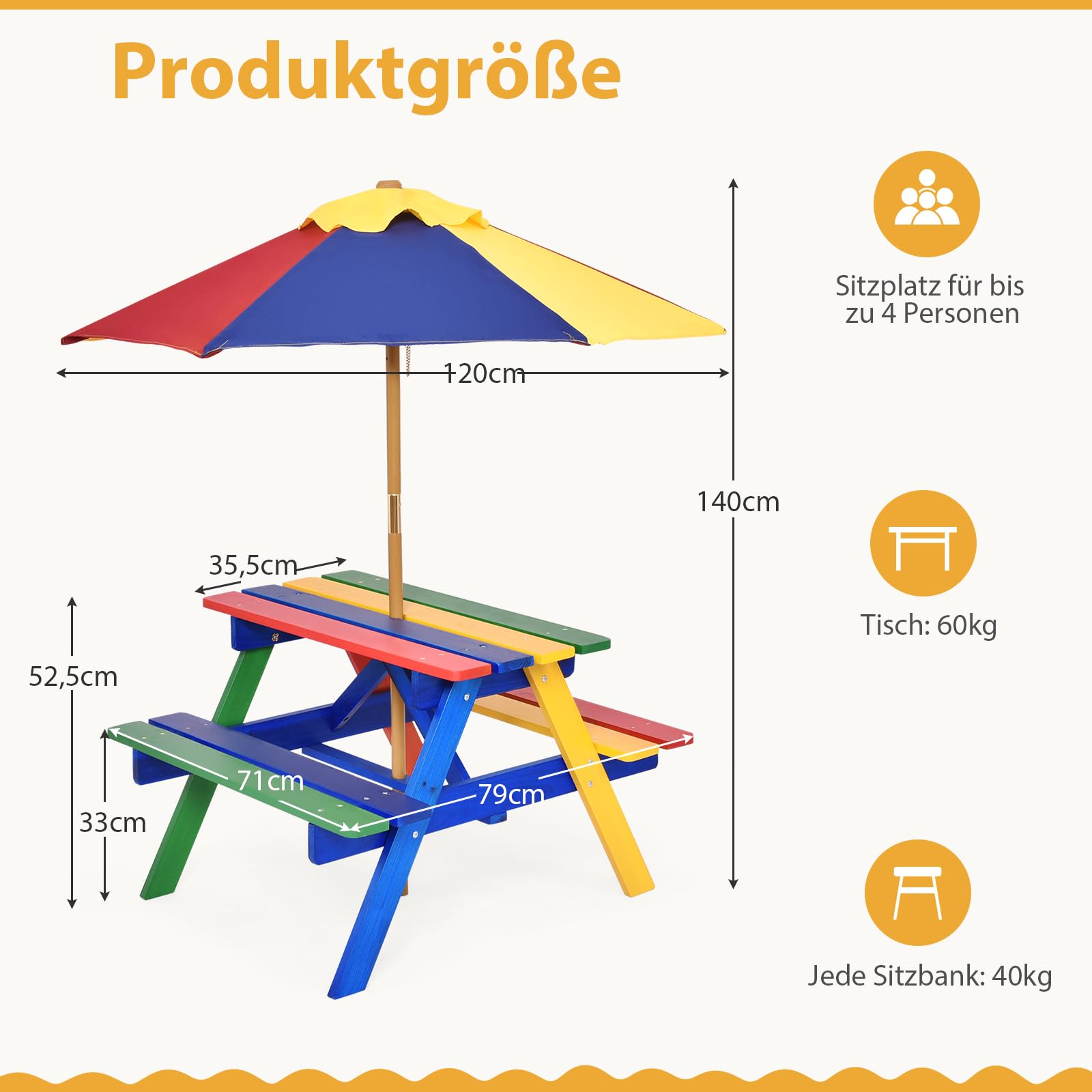 SOARS Table de Pique-Nique pour Enfants avec Parasol Réglable, Table et Bancs en Bois de Sapin pour Enfants avec Parasol, Salon de Jardin et Parc, 140 cm (Multicolore)