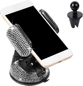 Bling Phone Holder for Car, Rhinestone Cell Phone Holder for Dashboard Windshield, 360 Adjustable Car Phone Mount with Air Vent Base, Universal Phone Holder Car Accessories White