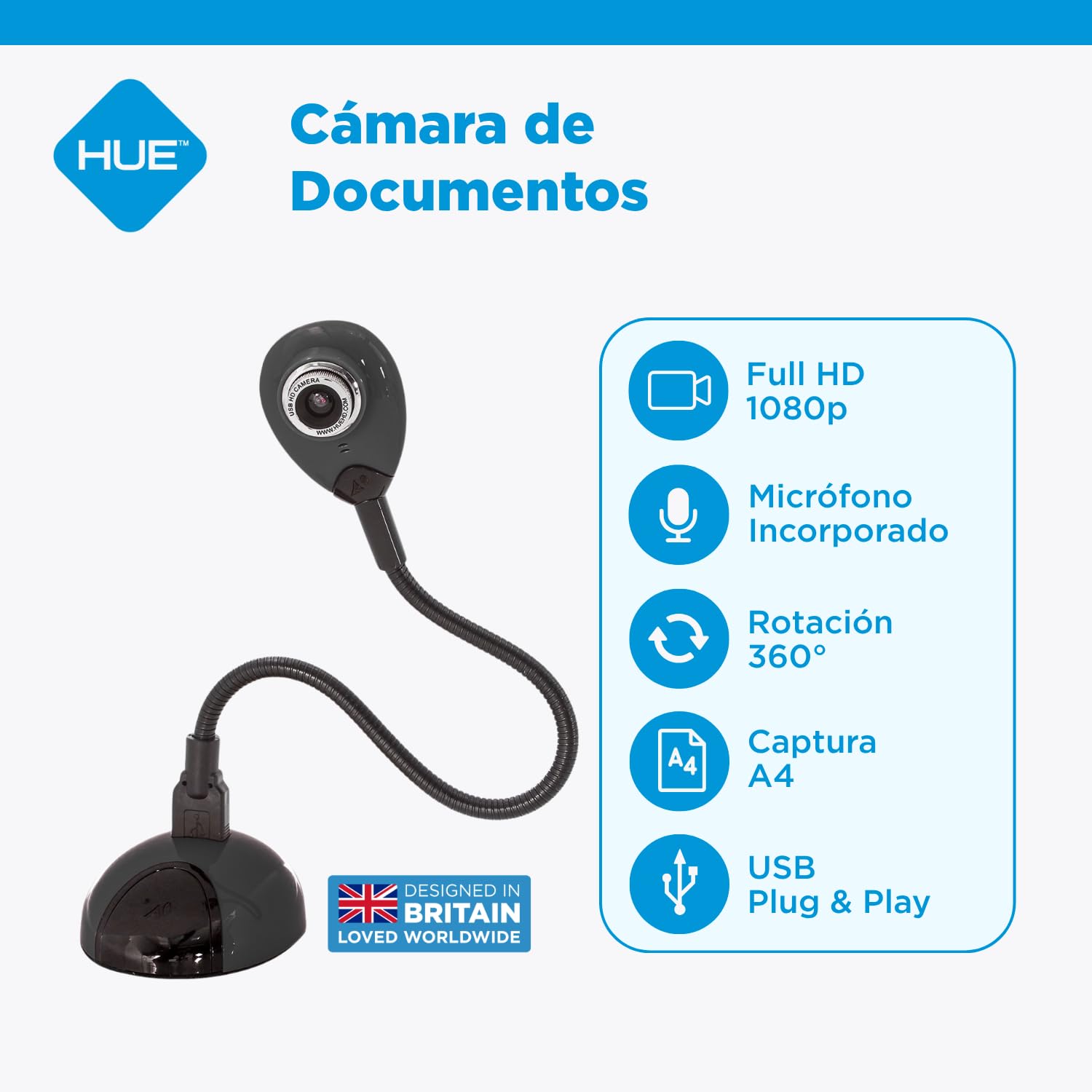 HUE HD: Cámara USB y visualizador portátil, Full HD 1080p (Negro) | Cámara flexible Full HD 1080p, micrófono, compatibilidad con Windows / ChromeOS / MacOS / iPadOS 17+