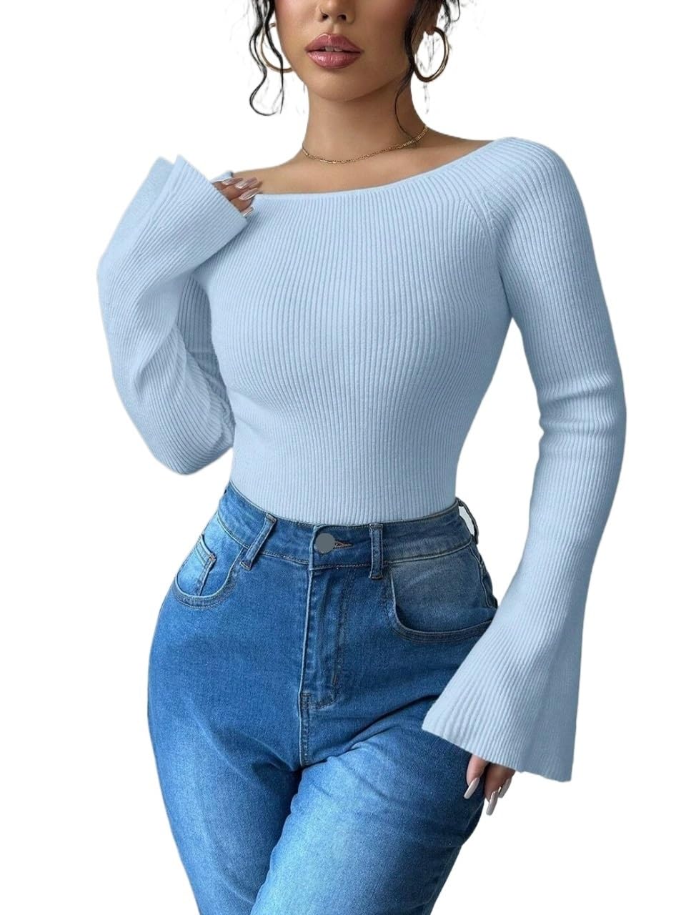Womens Casual Sweater Top Elegant Raglan Sleeve Fitted Solid Color Sweaters Outfits Clothing