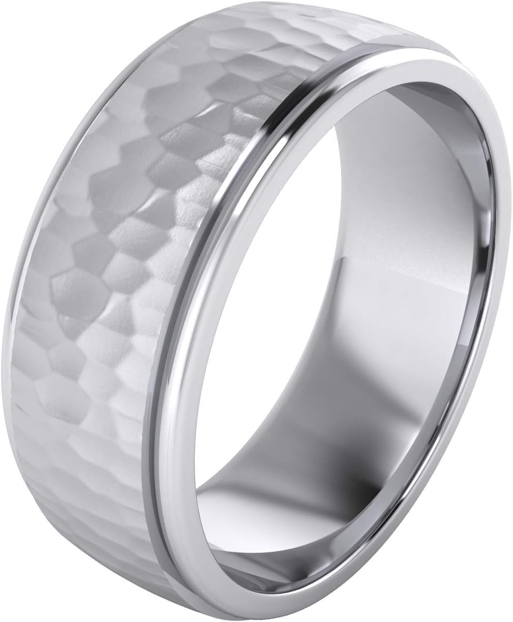Heavy Solid Sterling Silver 6mm and 8mm Hammered Unisex Wedding Band Comfort Fit Ring Raised Center Polished Sides