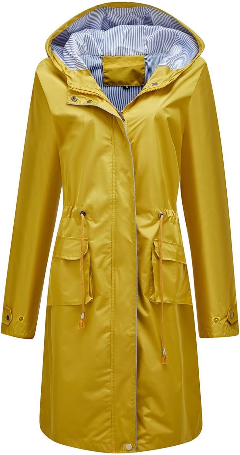 Women's Waterproof Rain Jacket Windbreaker Long Hooded Trench Coat Lightweight Striped Lining Outdoor Anorak