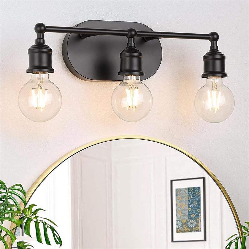 Mengjay Aplique Espejo Baño Vintage con 3 Luces,Lámpara de Pared Industria Vintage,E27 Aplique de Pared Interior Metal,Luz de Pared para Dormitorio Salon Pasillo Baño (Negro)
