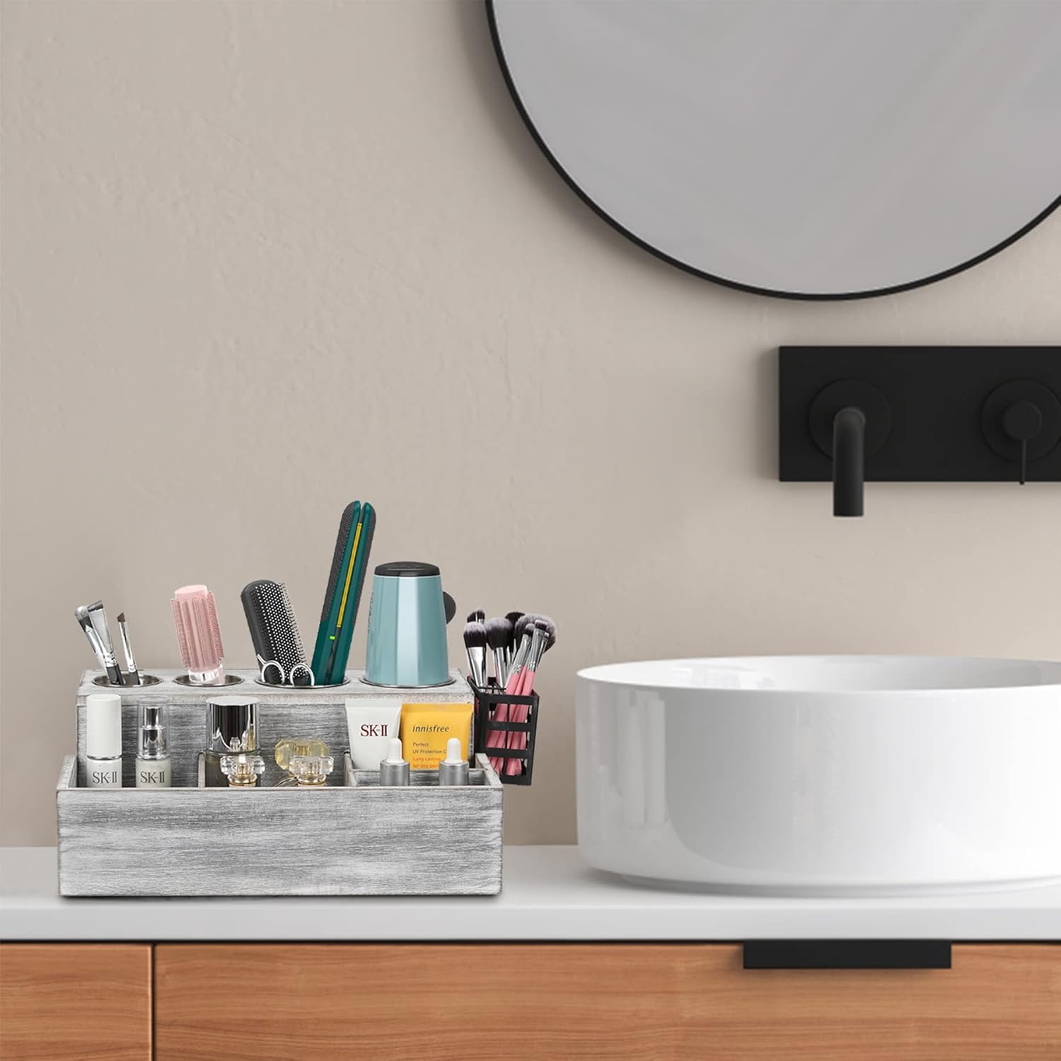 Hair Tool Organizer, Wooden Hair Dryer Holder and Bathroom Countertop Blow Dryer Holder, Vanity Caddy Storage Stand for Accessories, Makeup, Toiletries