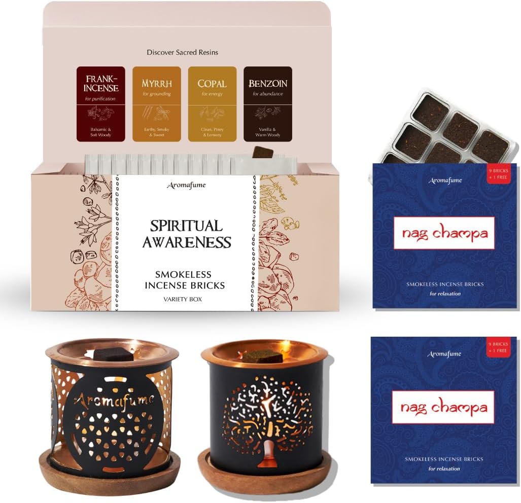 Aromafume Spiritual Incense Gift Set – Nag Champa & Spiritual Awareness Bricks (30 Bricks Total) with Exotic Burners | Made with Sandalwood, Jasmine, Frankincense