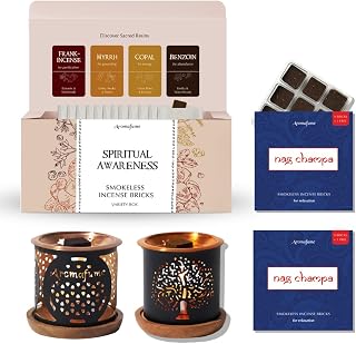 Aromafume Spiritual Incense Gift Set – Nag Champa & Spiritual Awareness Bricks (30 Bricks Total) with Exotic Burners | Made with Sandalwood, Jasmine, Frankincense