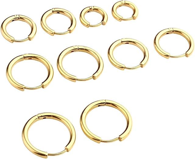 JOVIVI 10pc Stainless Steel Gold Tone Endless Huggie Hoop Earrings for Cartilage Women, Sizes 8, 10, 12, 14 & 16mm