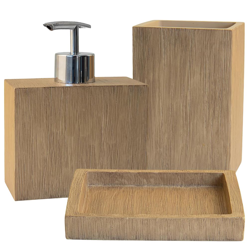 Schläfer 285200 | Set Bagno Completo serie Bambus con Dispenser per Sapone, Portasaponetta, Portaspazzolino, Bicchiere da Bagno, Portasapone Liquido Accessori in Resina Effetto Bamboo, 3 Pezzi
