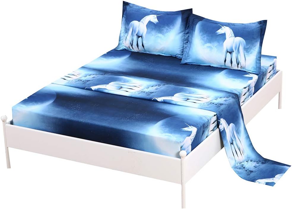 SDIII 4Pcs Blue Unicorn Sheets Set Twin, Bed in a Bag Dreamy Twin Sheets Set, Soft