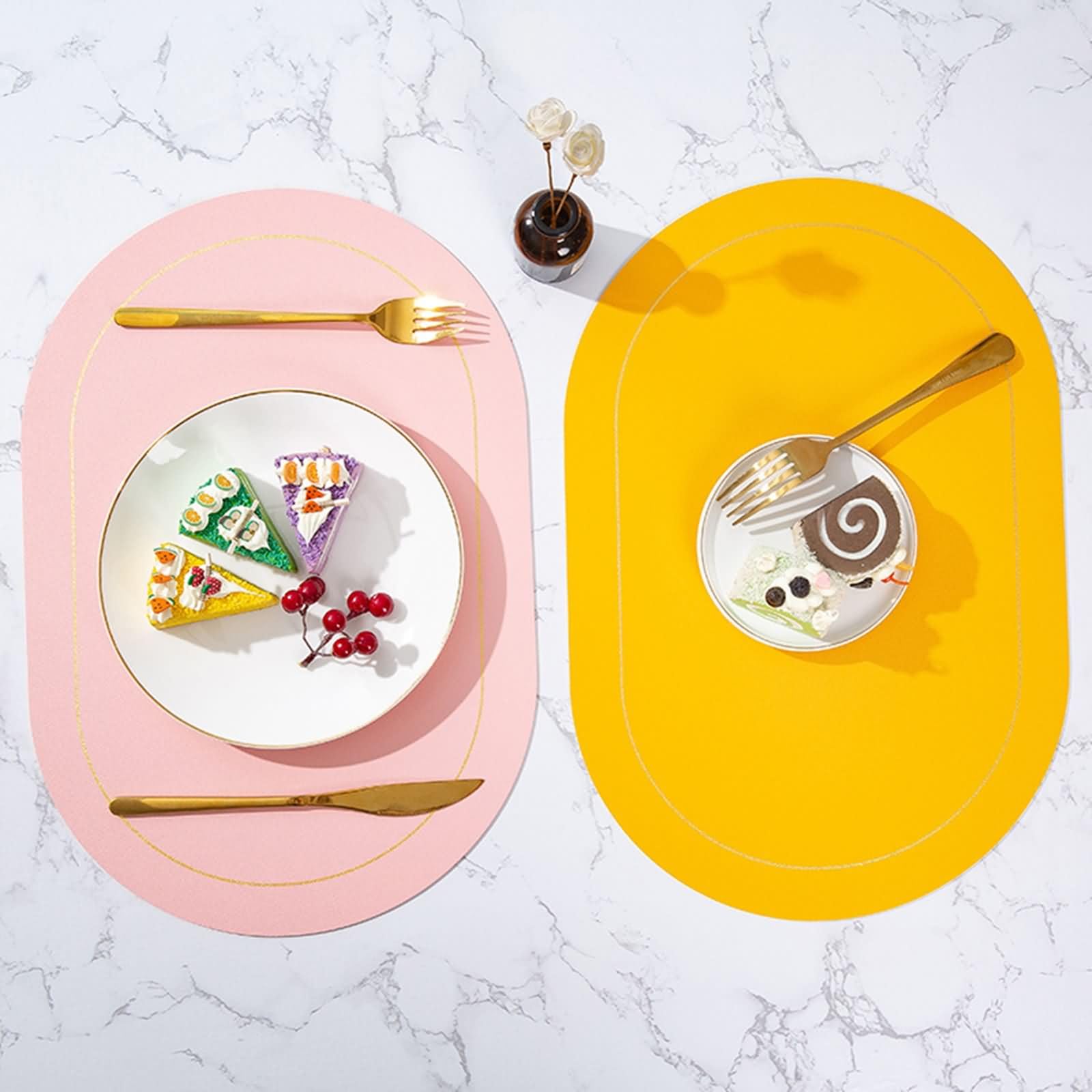 Tovagliette Americane Antiscivolo Set di 6, 30 x 45 CM Tovagliette Ovale Colazione Pelle Giallo Grigio Chiaro, Tinta Unita con Ovale