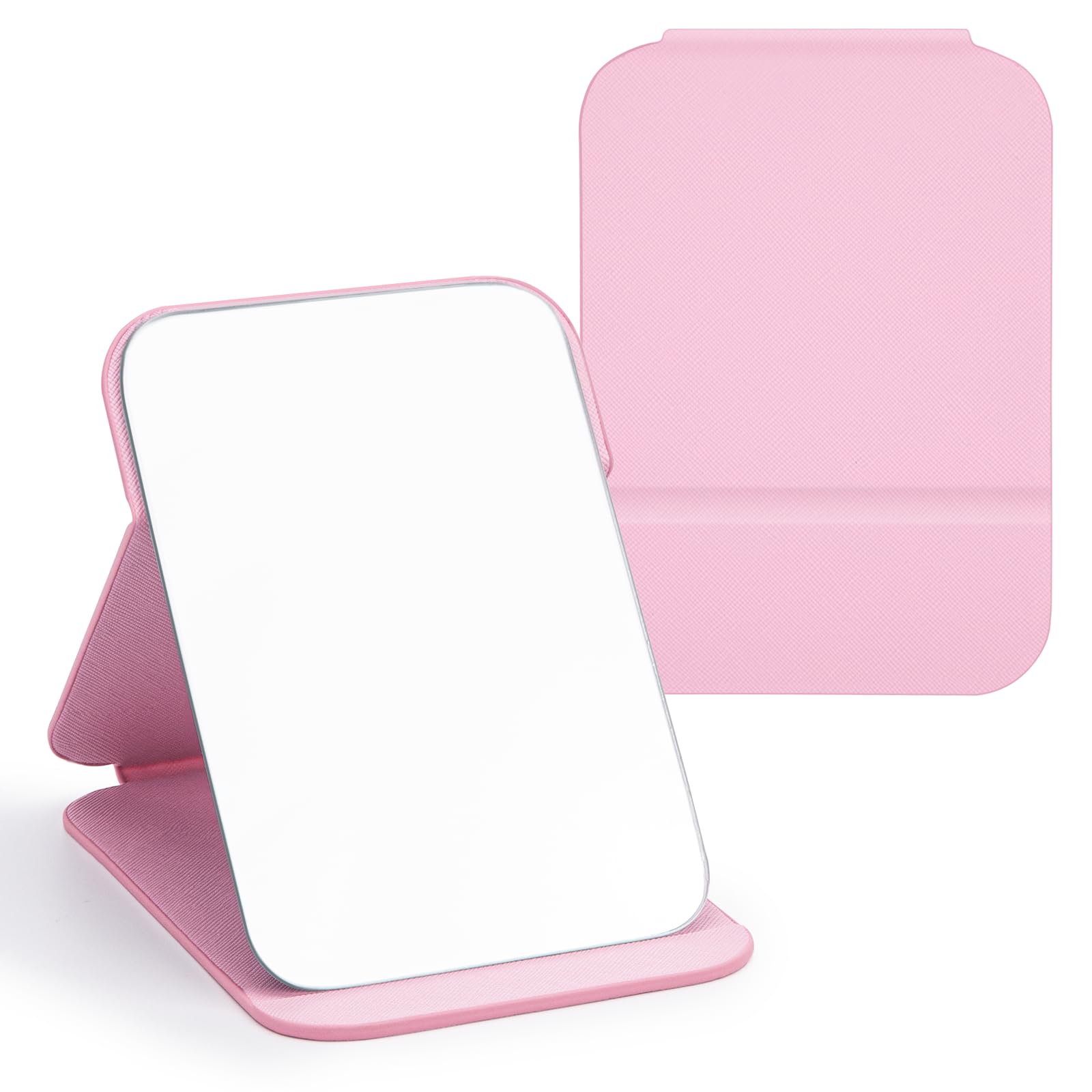 OWLKELA 16x11cm Portable Folding Mirror, Super HD Compact Makeup Mirrors, Pink PU Leather Tabletop Foldable Mirror, Free Standing Vanity Mirrors for Travel, Camping, Bathroom& Home