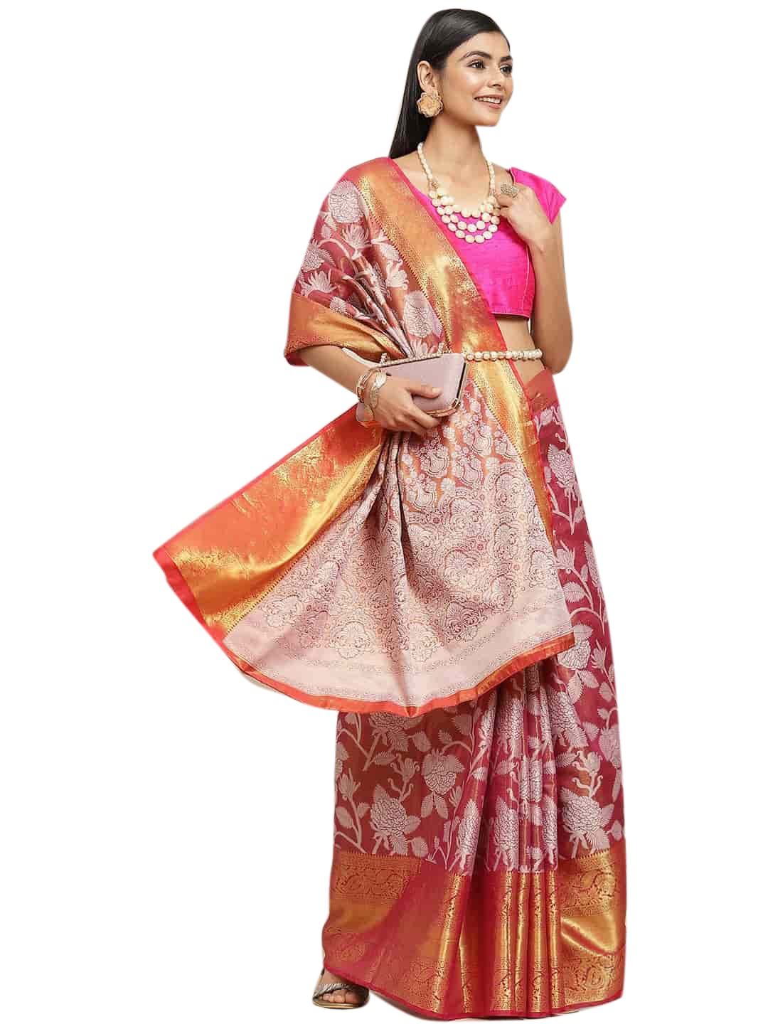 Enthone Art Silk Women's Soft Brocade Floral Saree With Unstitched Blouse Piece(Pink)