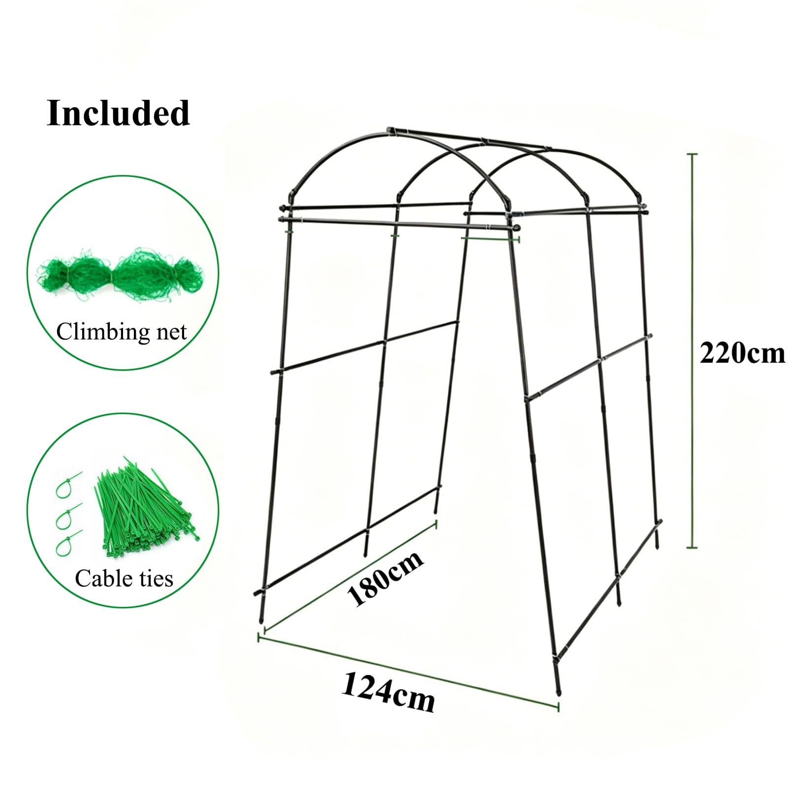 Gurken Rankhilfe 124x180x220cm, Stahlrohr Garten Rankgitter, mit Ranknetz & Klemmen, multifunktionale Pflanzenstütze für Kletterpflanzen, Tomaten, Gemüse, Blumen, Outdoor Garten Rankstütze (Schwarz)