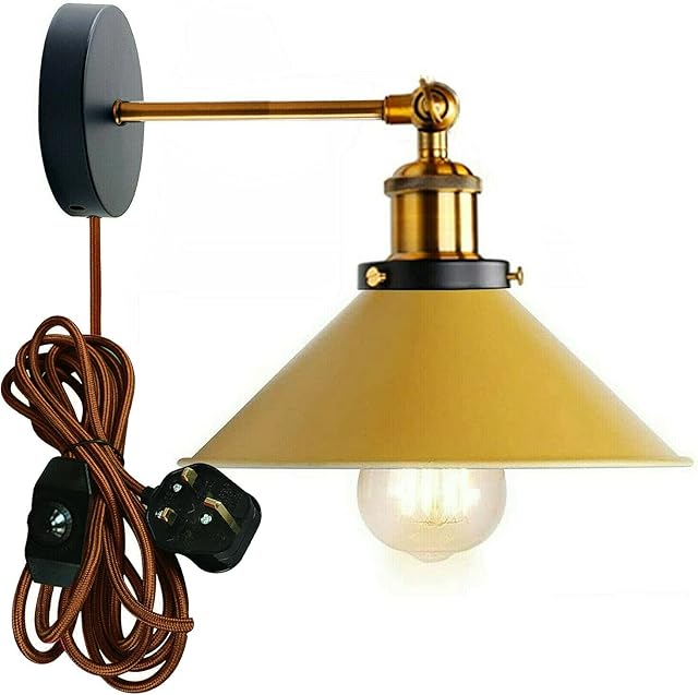 Modern Vintage Retro Industrial Wall Sconce Light Plug in Wall Lamp with Yellow Brass Arm, Dimmer Switch and Yellow Lamp Shade (Yellow)