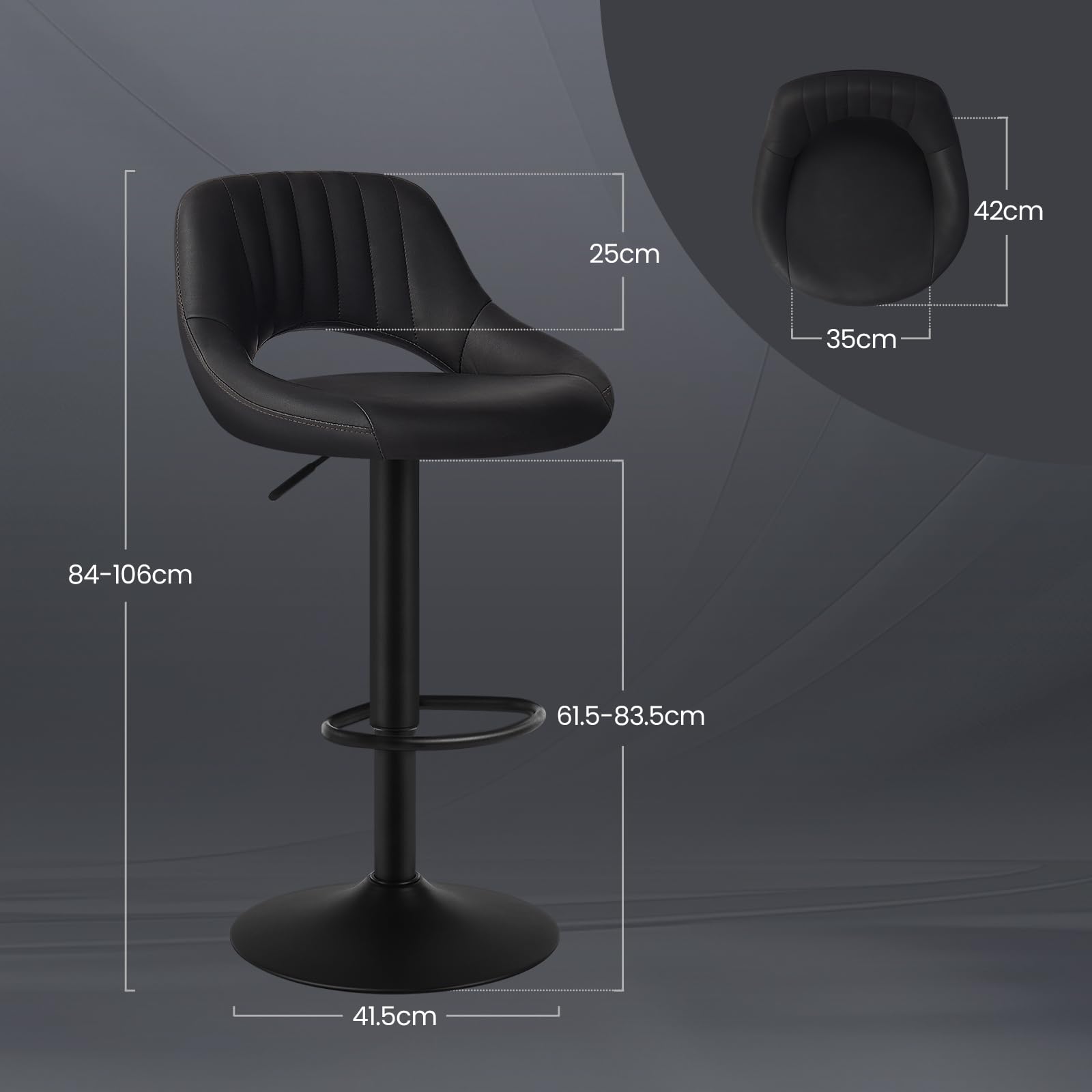 EUGAD Taburete de Bar Giratorio con Respaldo y Reposapies, Antracita | Juego de 2,360°Ajustable Altura, con Cuero Sintético
