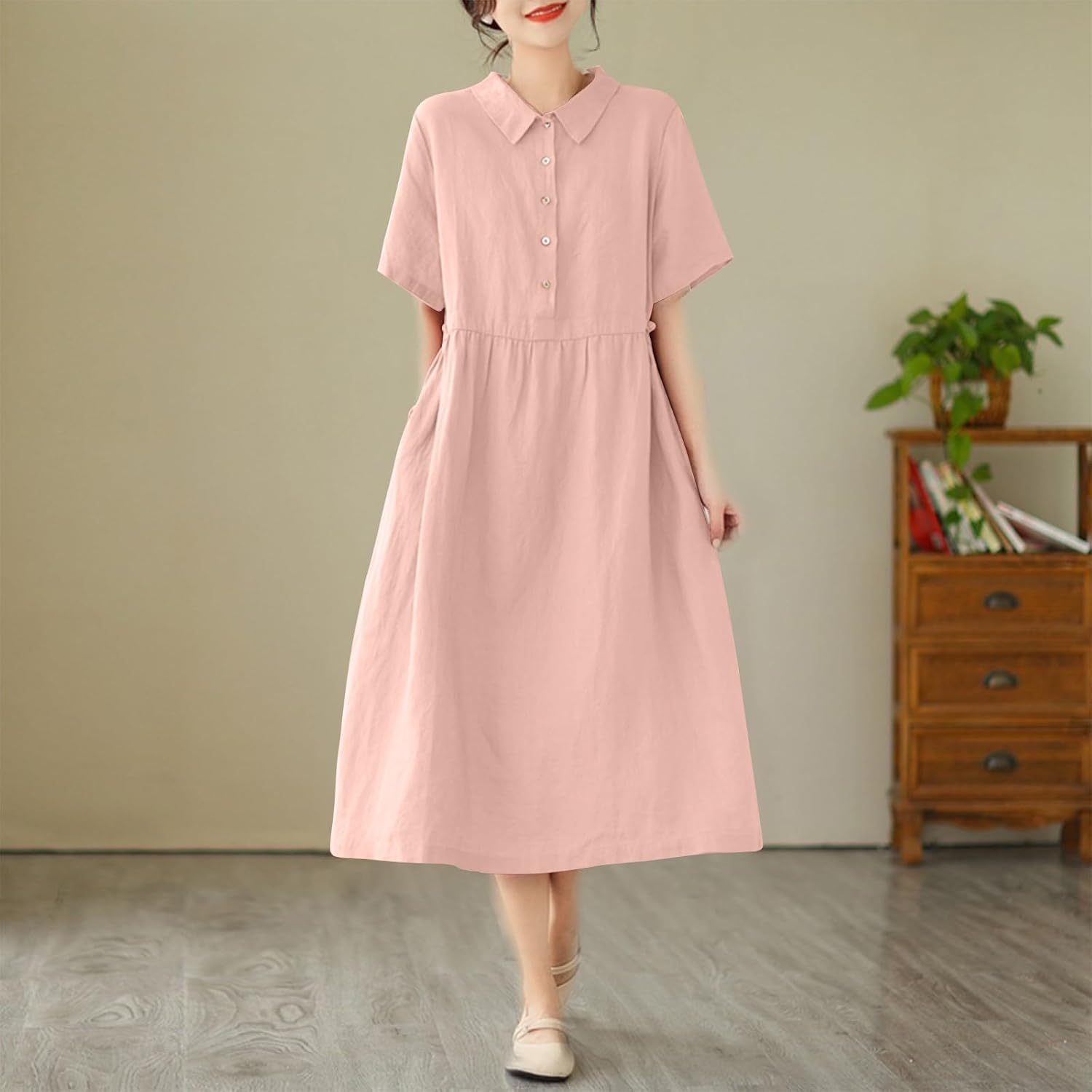 Women's Button Down Shirt Dress Casual Cotton Solid Color Short Sleeve Midi Dresses 2025 Fashion Boho Sundress