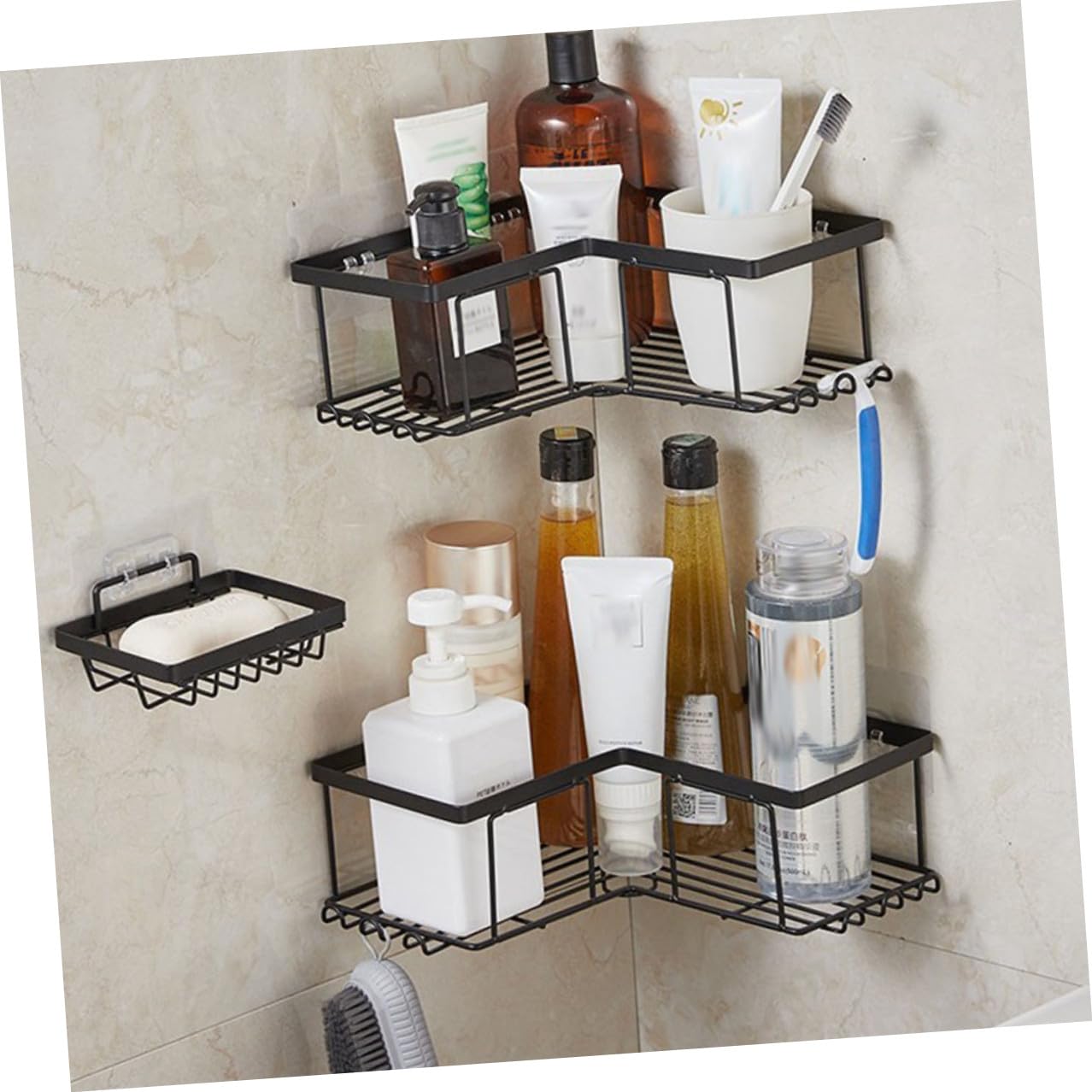 1 Set Estantes para Ducha Ducha Adhesiva Bañera Gancho L-Shaped Acero al Carbono Almacenamiento Multiusos para Baño