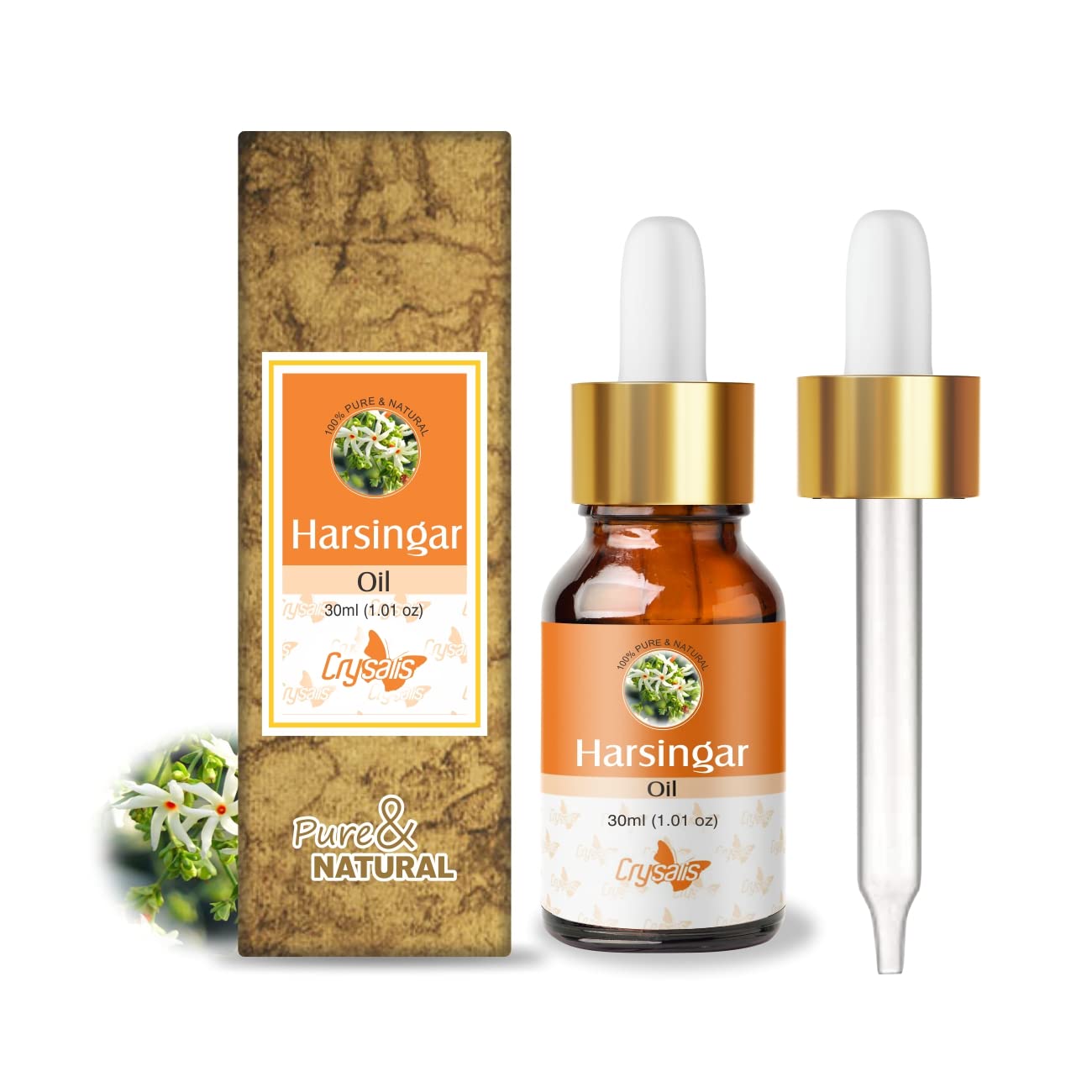 CrysalisHarshringar (Nyctanthes Arbor-Tristis) |100% Pure & Natural Undiluted Carrier Oil Organic Standard/ Cold Pressed Oil For Glowing Skin, Healthy Hair, Nourished Face -30Ml With Dropper