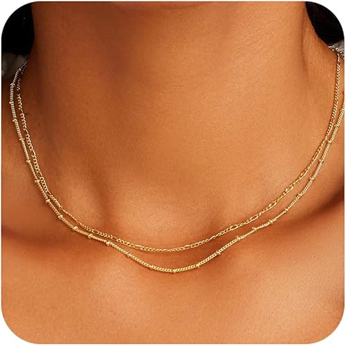 Layered Gold Necklaces for Women - 18K Gold Plated Herringbone Paperclip Chain Pearl Cuban Twist Rope Chain Necklace Waterproof Jewelry Dainty Choker Necklace Gold Jewelry for Women Gifts