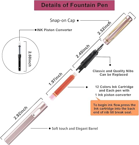 Miniatura 2 de Juego de bolígrafos de caligrafía, plumas estilográficas con 8 puntas reemplazables diferentes con 60 cartuchos de tinta (12 colores), juego de