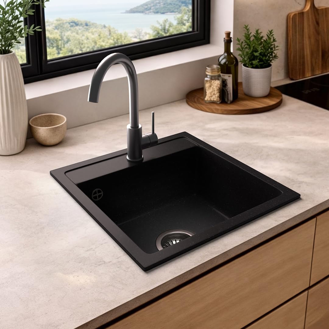 ANGEBOT: LINDBERGH® Granit Spüle + kompl. Siphon, Einbauspüle Küchenspüle Spülbecken - Verbundstoffe MADE IN GERMANY (1. LUX11 Schwarz)