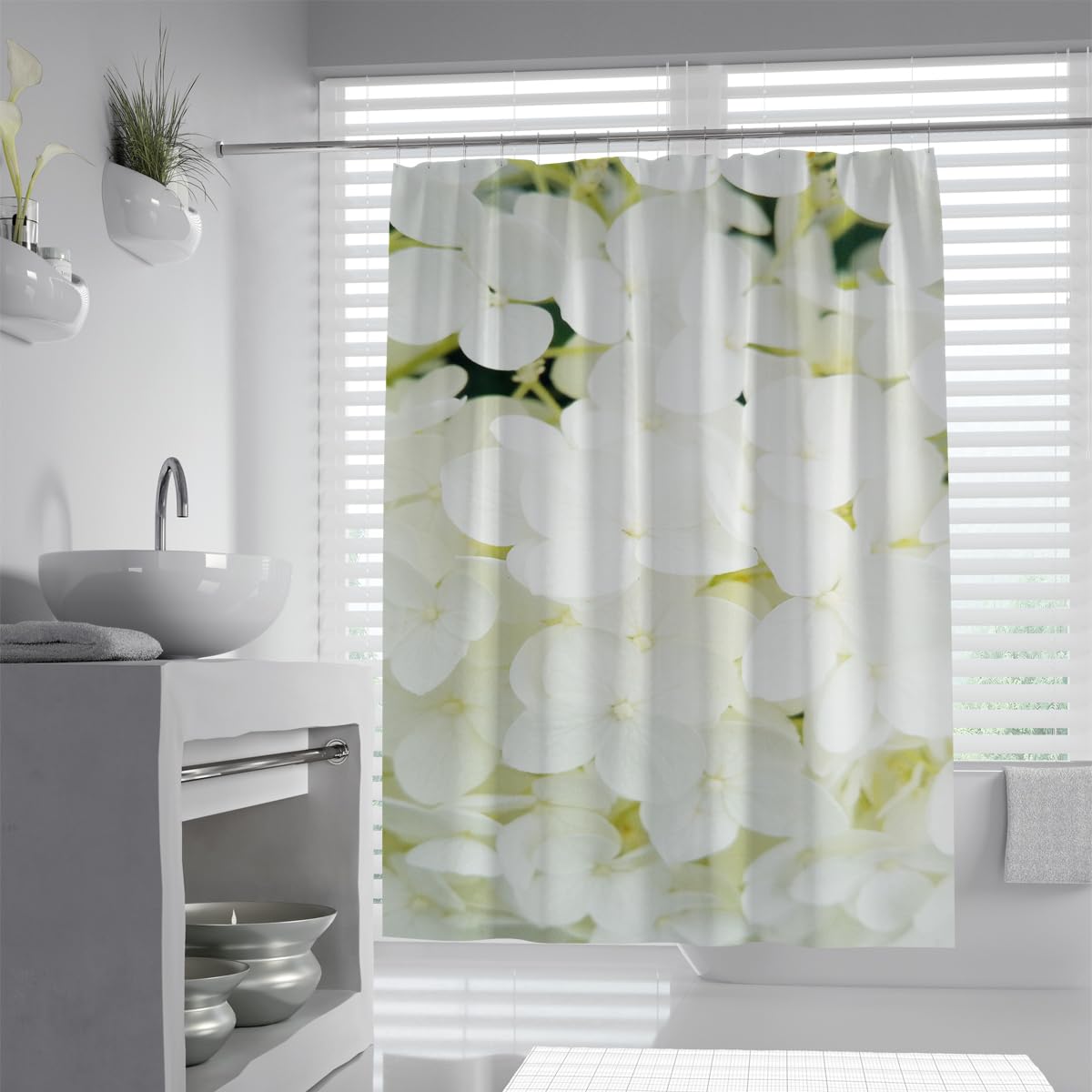 UIRINGART White Hydrangea Bath Curtain W200xL220cm Fresh Floral Botanical Waterproof Mildew Resistant with Hooks Bathroom Curtain Modern Home
