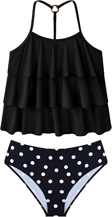 UIQUR Girls Swimsuit Two Pieces Bikini Set Ruffle Bathing Suits Adjustable Straps with Padad Tankini Swimwear