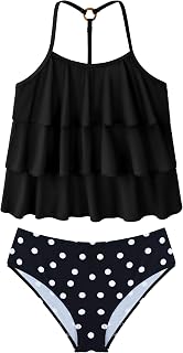 UIQUR Girls Swimsuit Two Pieces Tankini Set Bikini Bathing Suits 7-16Y | Ruffle Adjustable Straps with Padad Tankini Swimwear Vacation Holiday Summer Beach