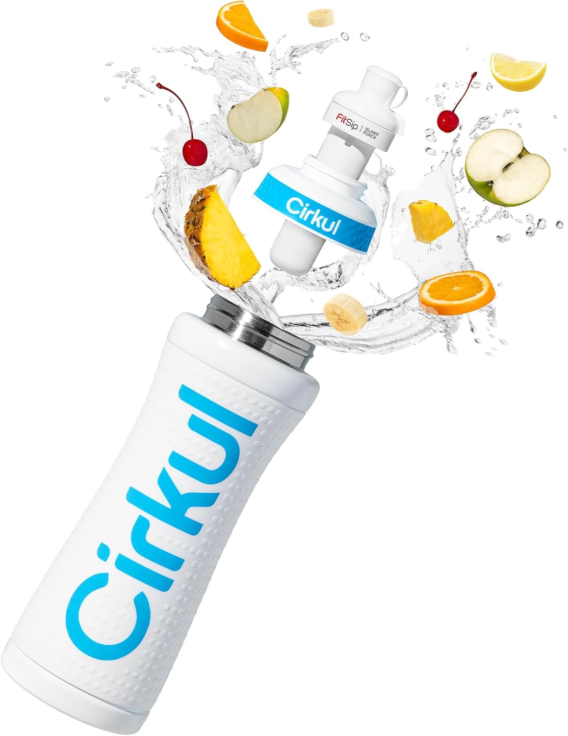 Cirkul 22oz. White Grip Stainless Steel Water Bottle & Sport Lid, Durable, Insulated, Protective Grip, Leakproof & Heavy Duty with Flavor Cartridge Included (FitSip Island Punch)