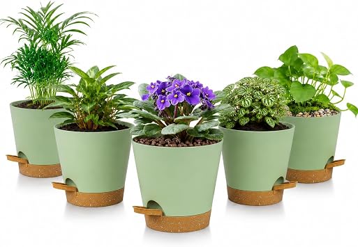 5 Pack 5 Inch African Violet Pots Self Watering, Self-Watering Planters with Drainage Holes & Reservoir, Green Brown Plastic Pots for Indoor Outdoor Plants, Succulents & Flowers