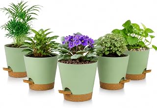5 Pack 5 Inch African Violet Pots Self Watering, Self-Watering Planters with Drainage Holes & Reservoir, Green Brown Plastic Pots for Indoor Outdoor Plants, Succulents & Flowers