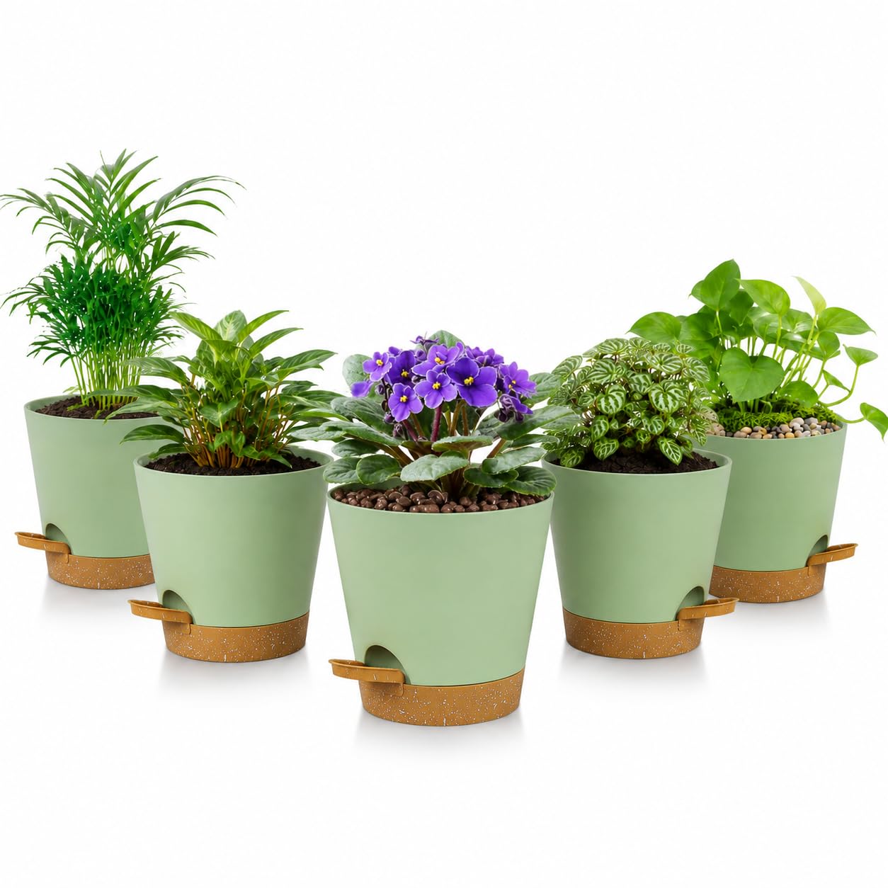 Lot de 5 pots de fleurs à arrosage automatique de 12,7 cm avec trous de drainage et réservoir - Pots de fleurs modernes en plastique pour intérieur et extérieur (vert marron)