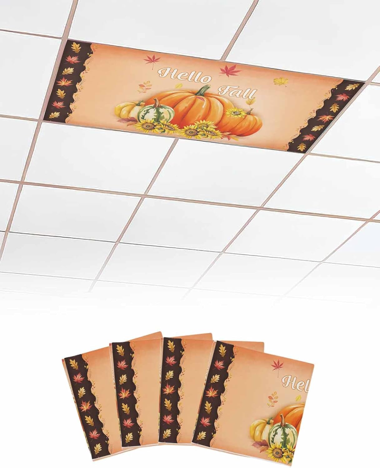 Hello Fall Pumpkins Fluorescent Light Covers for Ceiling Lights 4x2 feet,4 Pack Magnetic Light Filters for Classroom,Thanksgiving Harvest Sunflower Maple Fluorescent Lamp Shade Panel for School