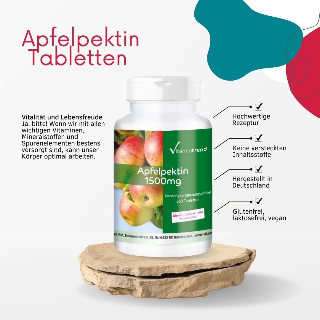 Vitamintrend Apfelpektin 1500mg pro Tagesdosis, 360 Filmtabletten, mit Calcium und Vitamin C, veganes Nahrungsergänzungsmittel ohne Zusätze, in Deutschland hergestellt