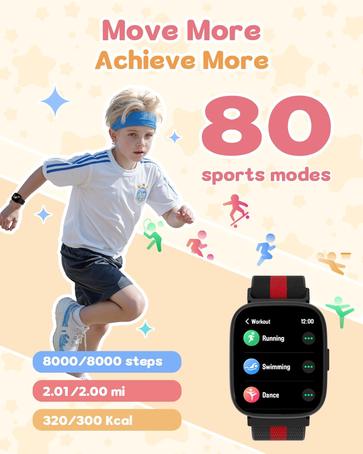 Smart Watch for Kids No Phone No APP Needed, 1.83" Fitness Tracker Watch with Pedometer, Step Counter， Heart Rate/Sleep Monitor, IP68 Waterproof, Puzzle Games for Boys Teens 5-12, Nylon
