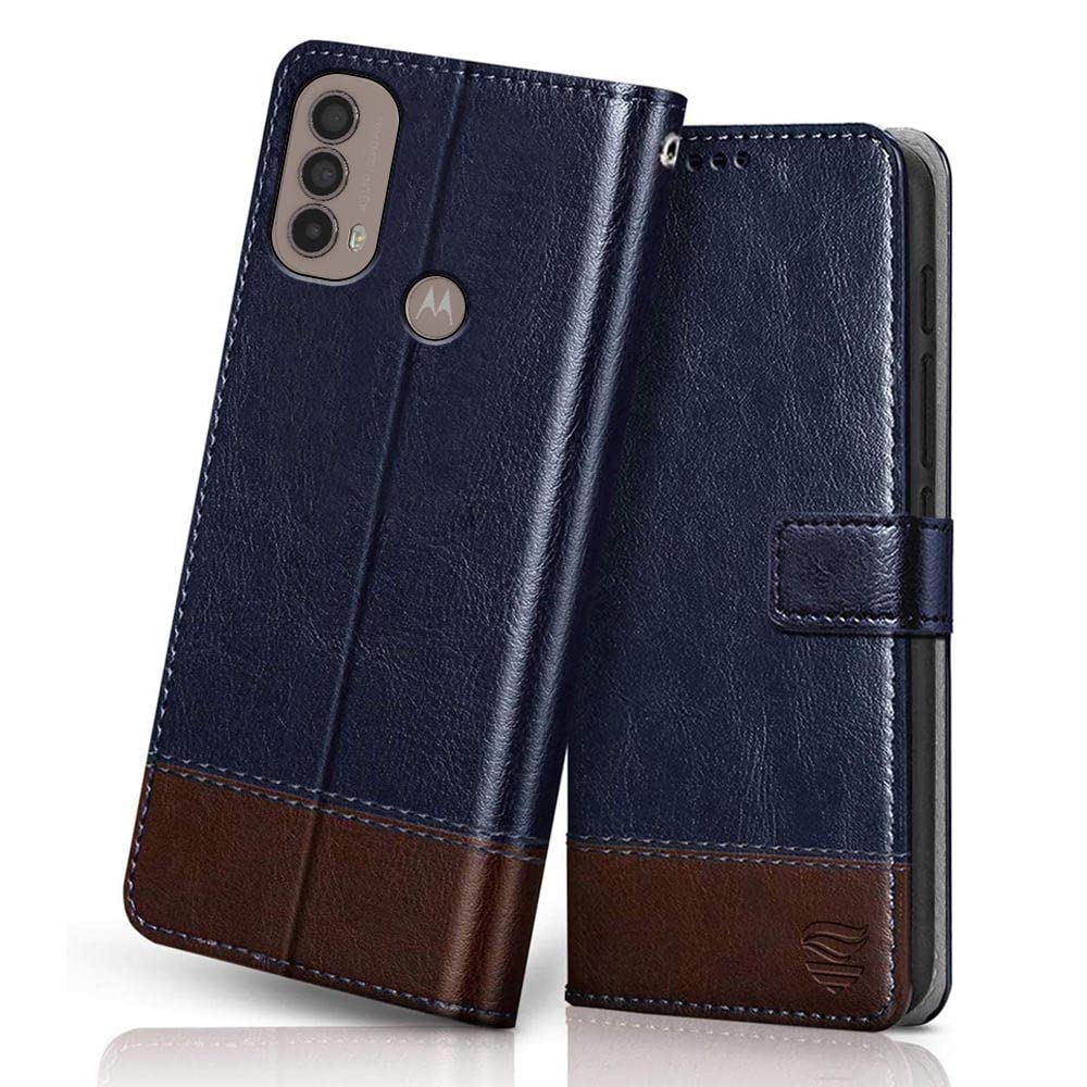 FLIPPED Vegan Leather Flip Case Back Cover for Motorola Moto E30 | E40 (Flexible, Shock Proof | Hand Stitched Leather Finish | Card Pockets Wallet & Stand | Blue with Brown)