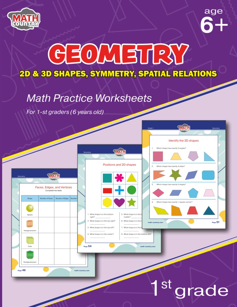 Geometry: 2D & 3D shapes, symmetry, spatial relations: Math practice worksheets for 1-st graders (6 years old) (Workbook Math 1st Grade)