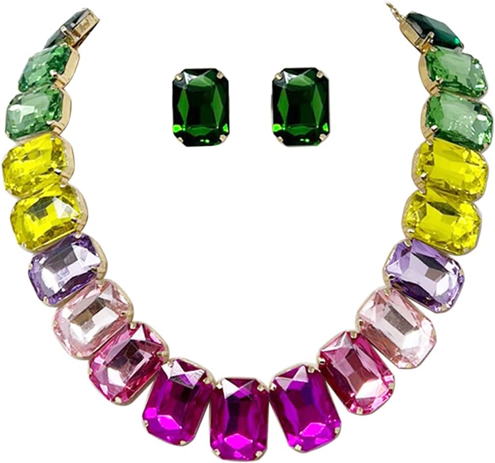 Rosemarie & Jubalee Women's Bejeweled Colorful Emerald Cut Crystal Rhinestone Statement Necklace Earrings Bridal Gift Set, 16.5"+3" Extender
