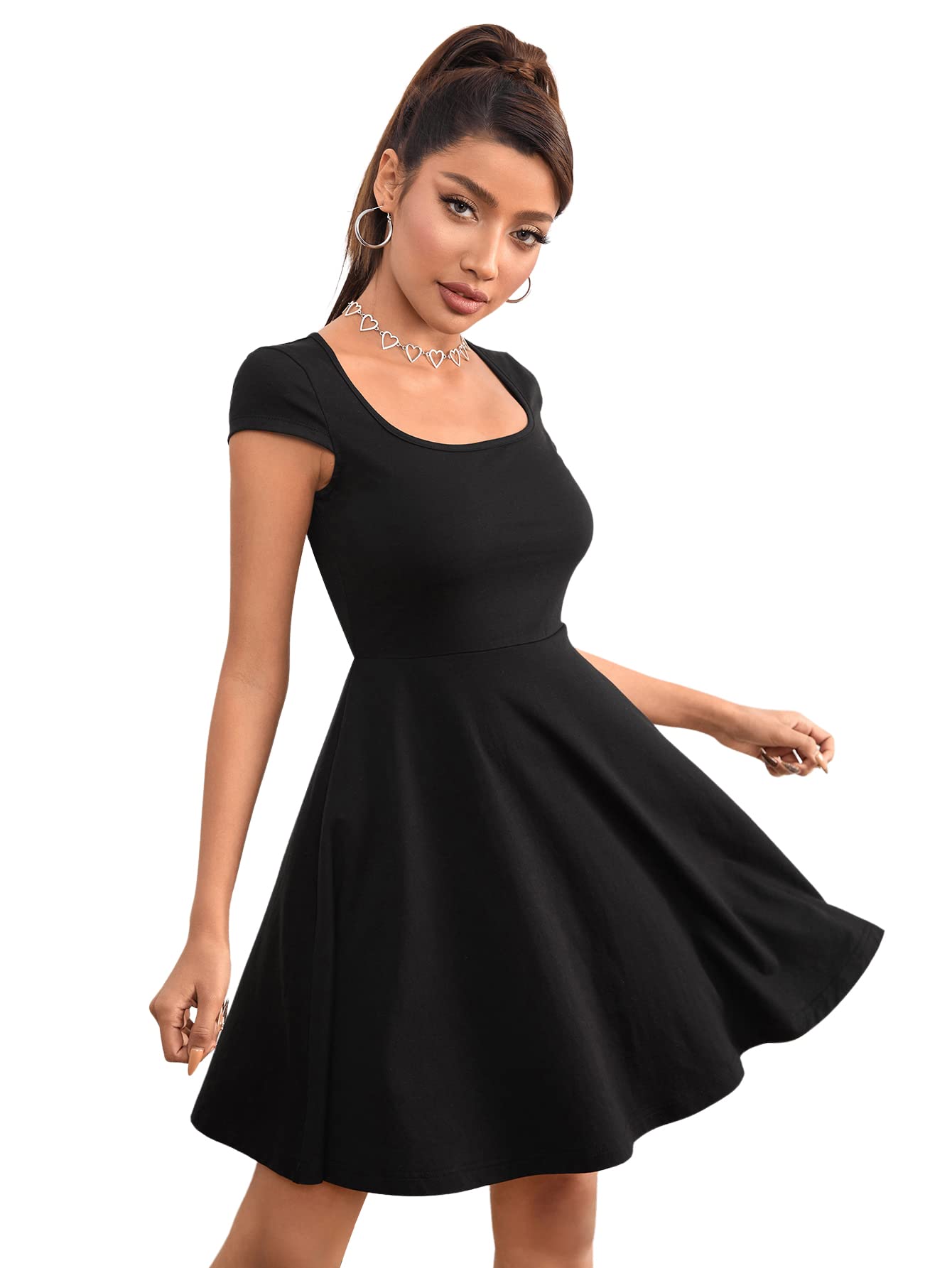 SweatyRocks Women's Elegant Cap Sleeve Scoop Neck High Waist Flowy A Line Mini Dress