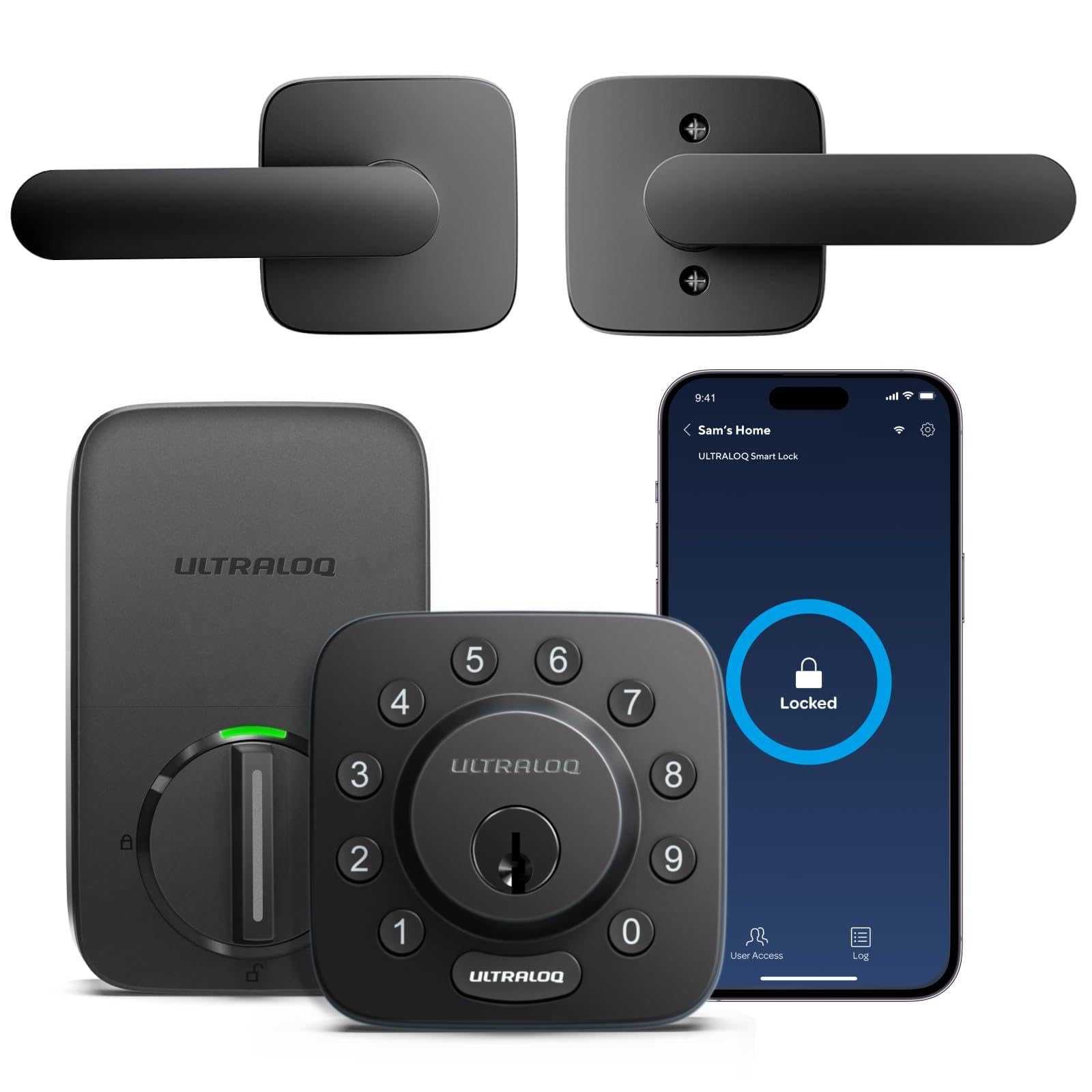 ULTRALOQ U-Bolt Smart Lock with Lever Set, Built-in WiFi Deadbolt, Remote Control, Matte Black